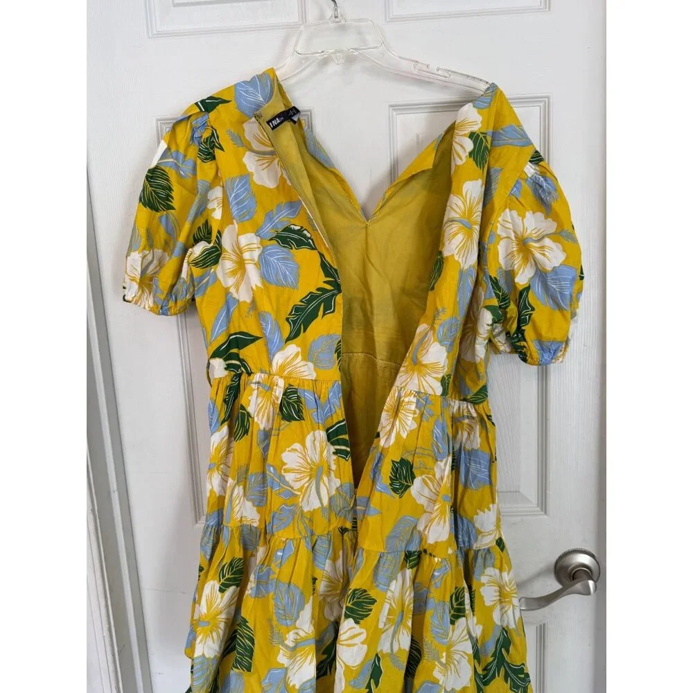 INA Yellow Tropical Floral Short sleeve V-neck Mini Dress Size Large - Picture 12 of 13